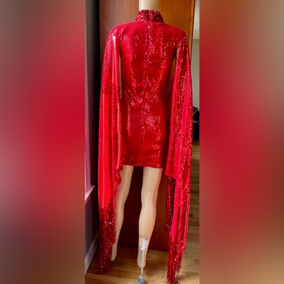 RICHARD DEMETER One Of A Kind Red Sequined Dress With Waterfall Sleeves Size XS - Picture 6 of 14